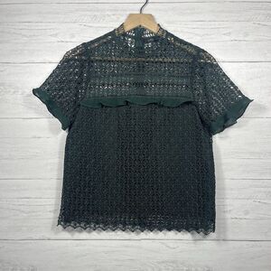 ZARA womans Guipure Lace Mock Neck Ruffle Trim Top Blouse Sheer Back Medium